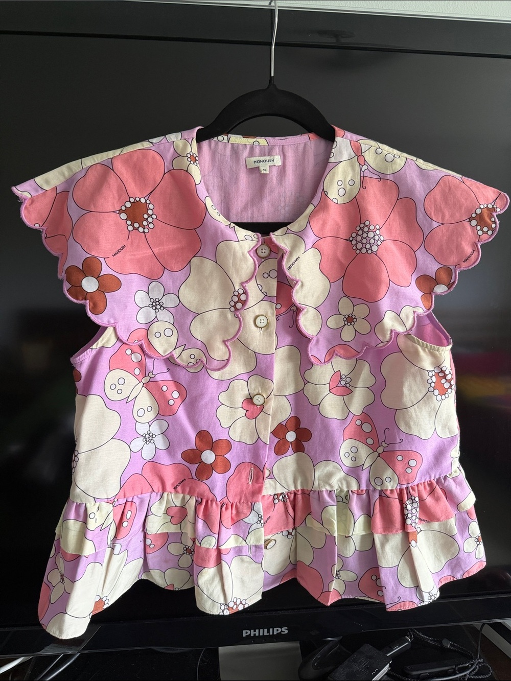 Monsoon Pink Floral Cotton Ruffle Sleeve Top